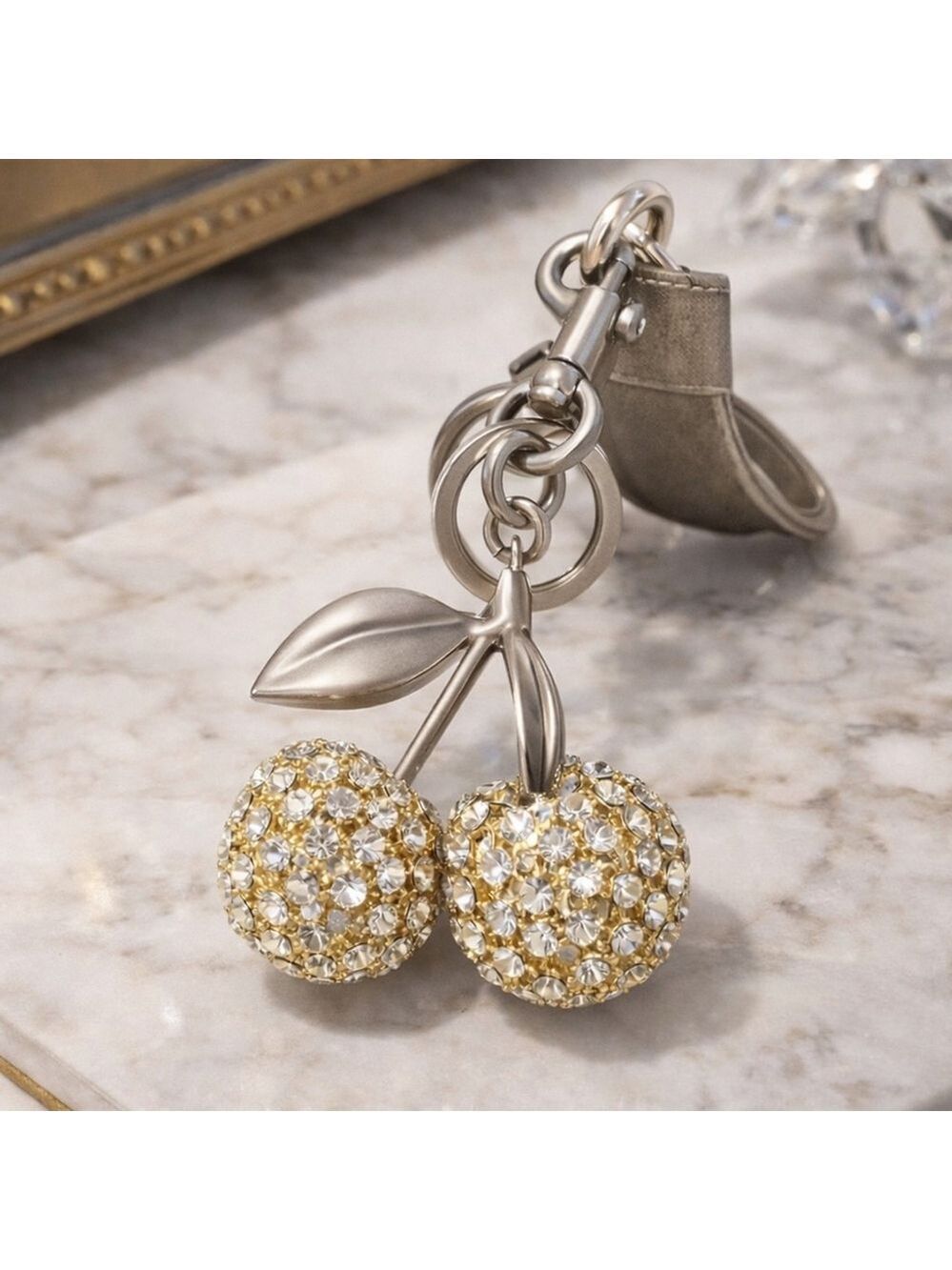NEW Silver and Gold with Rhinestone Cherry Bag Charm Keychain NWT